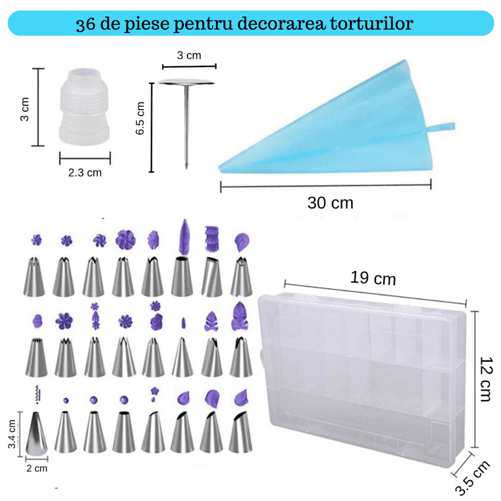 Set Patiserie/Cofetarie koken.ro, 35 piese, duiuri pentru ornat si decorat prajituri, torturi, Otel inoxidabil/Silicon, Argintiu/Albastru - köken