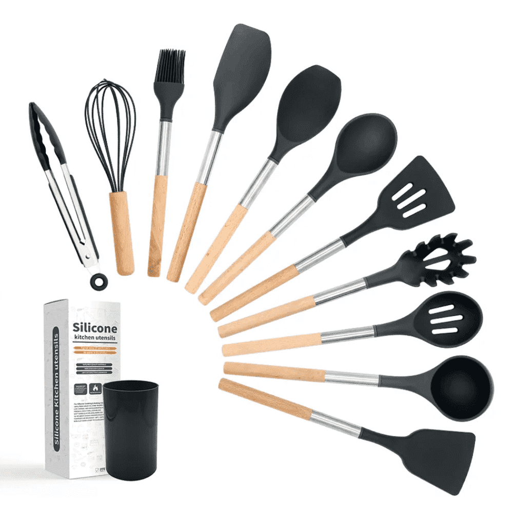 Set Ustensile Bucatarie Koken.ro, 11 piese Lemn si Silicon alimentar, Suport inox, Antiaderente, Termorezistente, Negru + Suport Lingura - köken