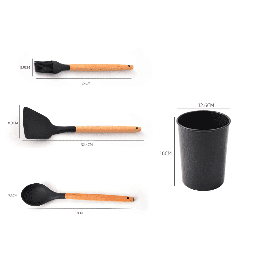 Set Ustensile Bucatarie Koken.ro, 11 piese Lemn si Silicon alimentar, Suport inox, Antiaderente, Termorezistente, Negru + Suport Lingura - köken