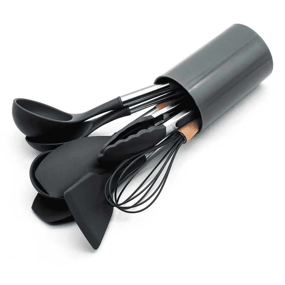 Set Ustensile Bucatarie Koken.ro, 11 piese Lemn si Silicon alimentar, Suport inox, Antiaderente, Termorezistente, Negru + Suport Lingura - köken