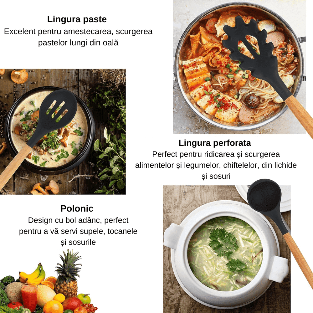 Set Ustensile Bucatarie Koken.ro, 11 piese Lemn si Silicon alimentar, Suport inox, Antiaderente, Termorezistente, Negru + Suport Lingura - köken