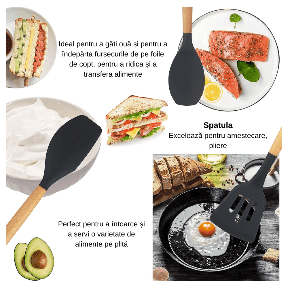 Set Ustensile Bucatarie Koken.ro, 11 piese Lemn si Silicon alimentar, Suport inox, Antiaderente, Termorezistente, Negru + Suport Lingura - köken