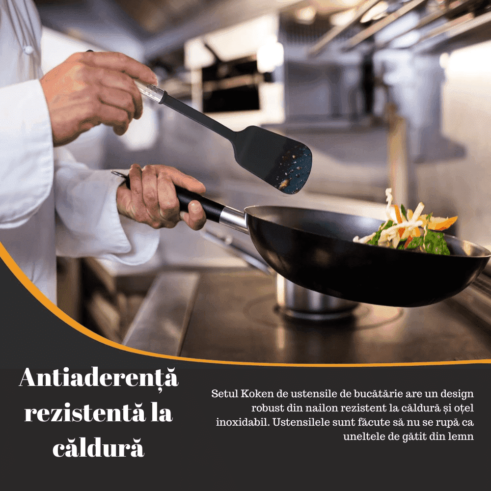 Set Ustensile bucatarie Koken.ro, 17 piese de bucătărie din nailon și oțel inoxidabil, antiaderente și rezistente la căldură + Suport Lingura - köken