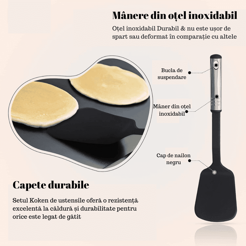 Set Ustensile bucatarie Koken.ro, 17 piese de bucătărie din nailon și oțel inoxidabil, antiaderente și rezistente la căldură + Suport Lingura - köken