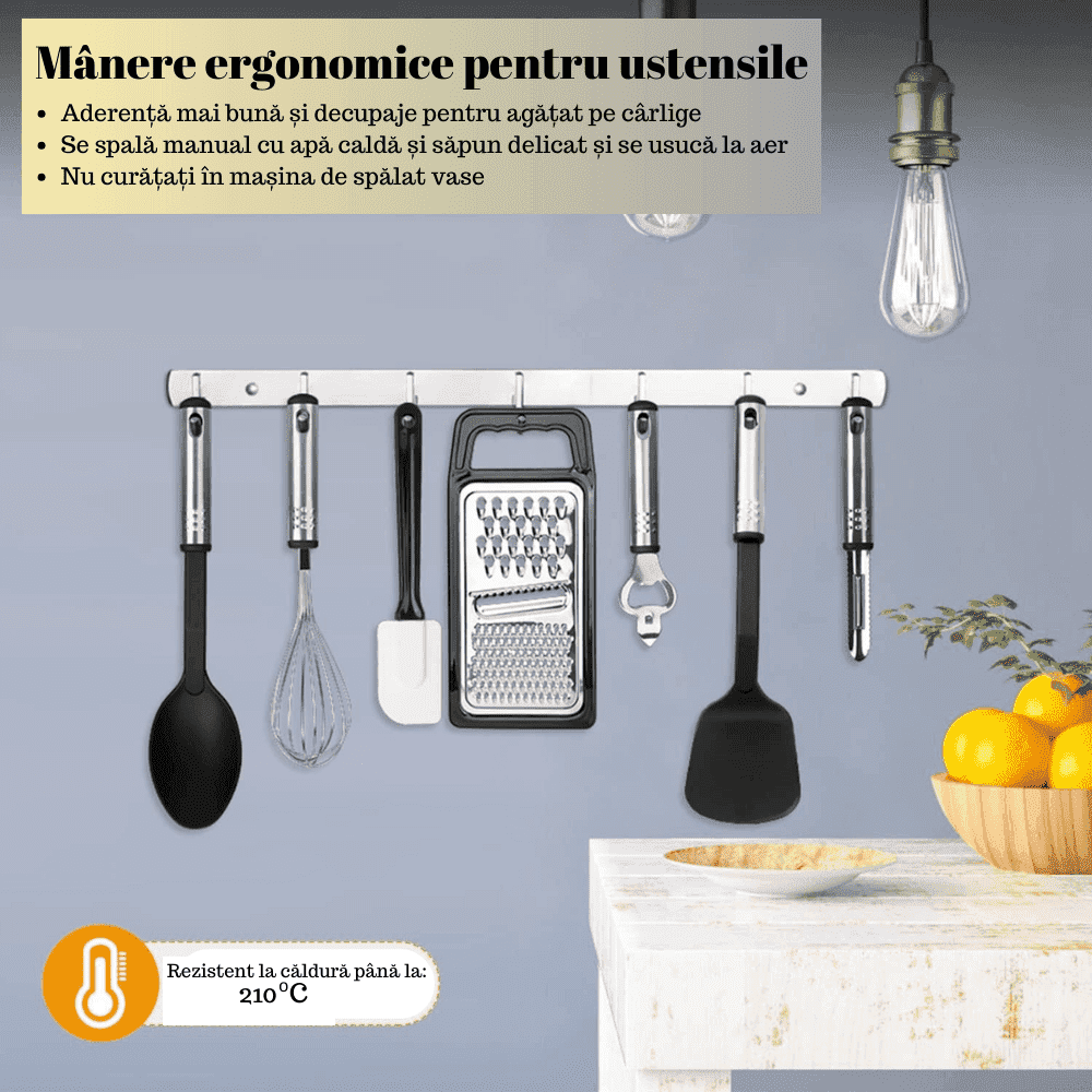 Set Ustensile bucatarie Koken.ro, 17 piese de bucătărie din nailon și oțel inoxidabil, antiaderente și rezistente la căldură + Suport Lingura - köken