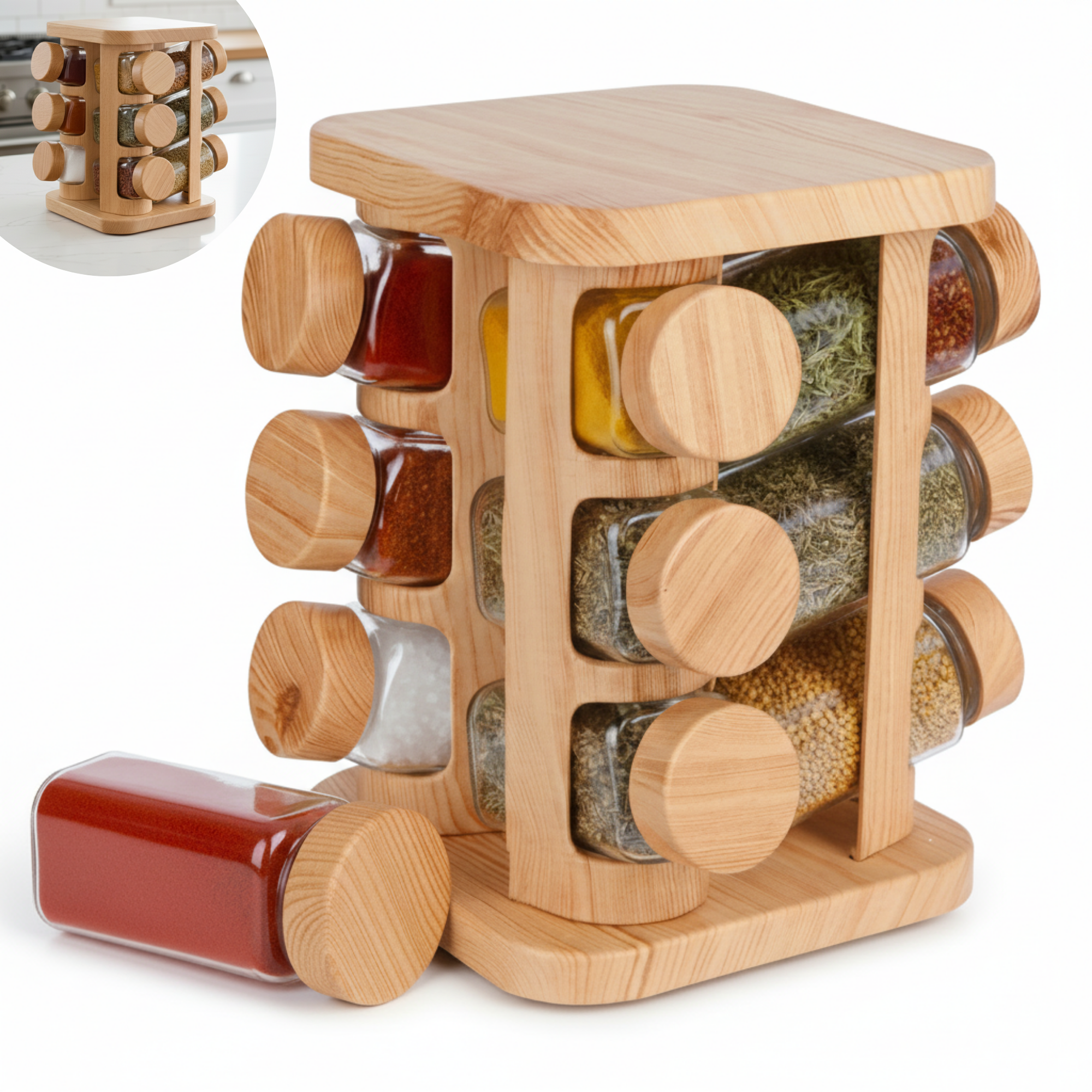 suport rotativ condimente din lemn cu 12 borcane Koken din sticla groasa, unul scos in fata; imagine de detaliu in coltul stanga sus