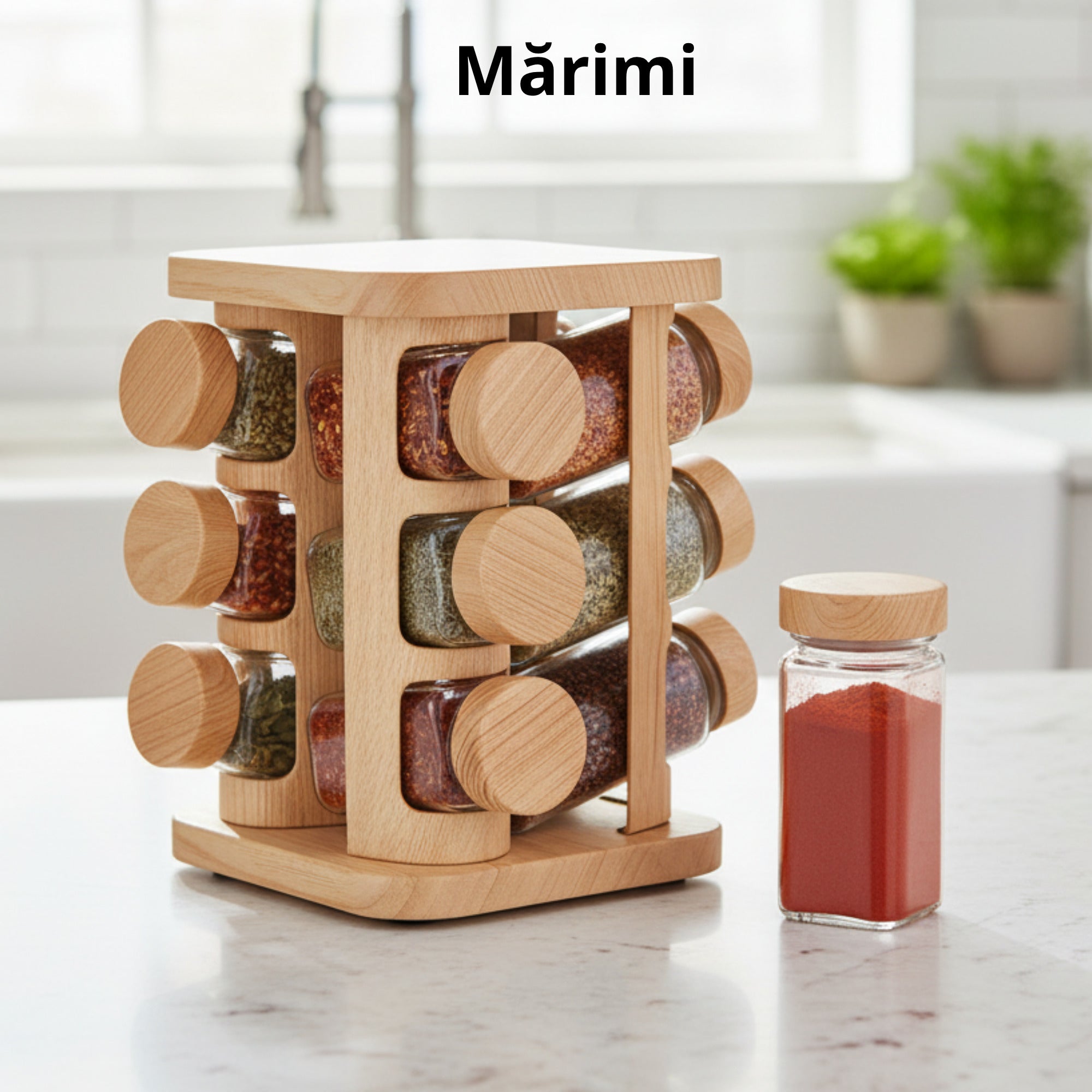 suport condimente din lemn cu 12 borcane din sticla Koken, asezat pe blat de bucatarie, langa un borcan umplut cu paprika