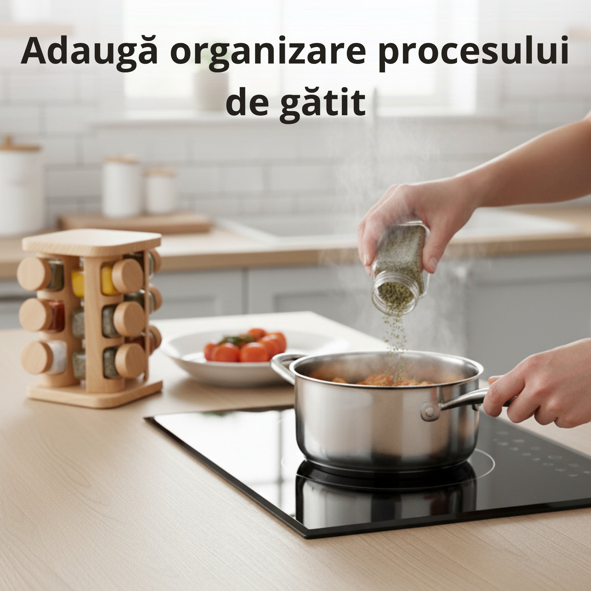 set condimente din lemn Koken cu borcane de sticla pe blat , persoana presara ierburi intr-o oala; text Adauga organizare procesului de gatit