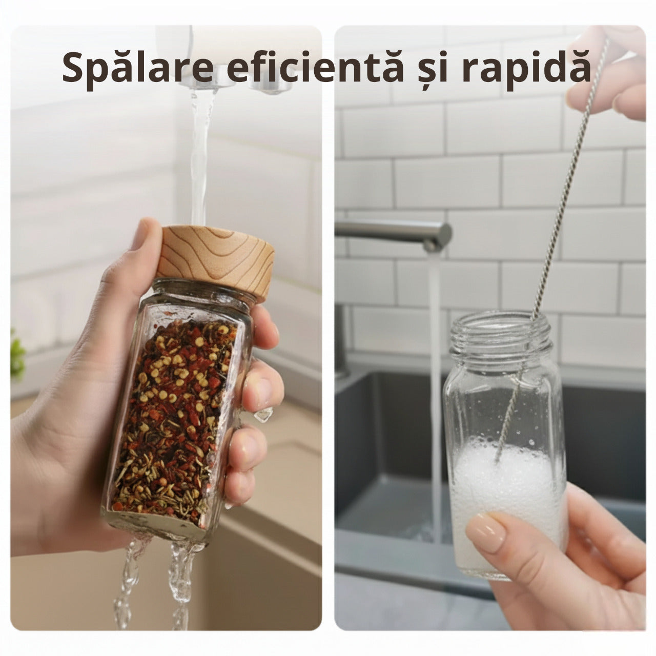 borcan condiment cu capac din lemn Koken spalat sub jet de apa si curatat cu perie; text Spalare eficienta si rapida