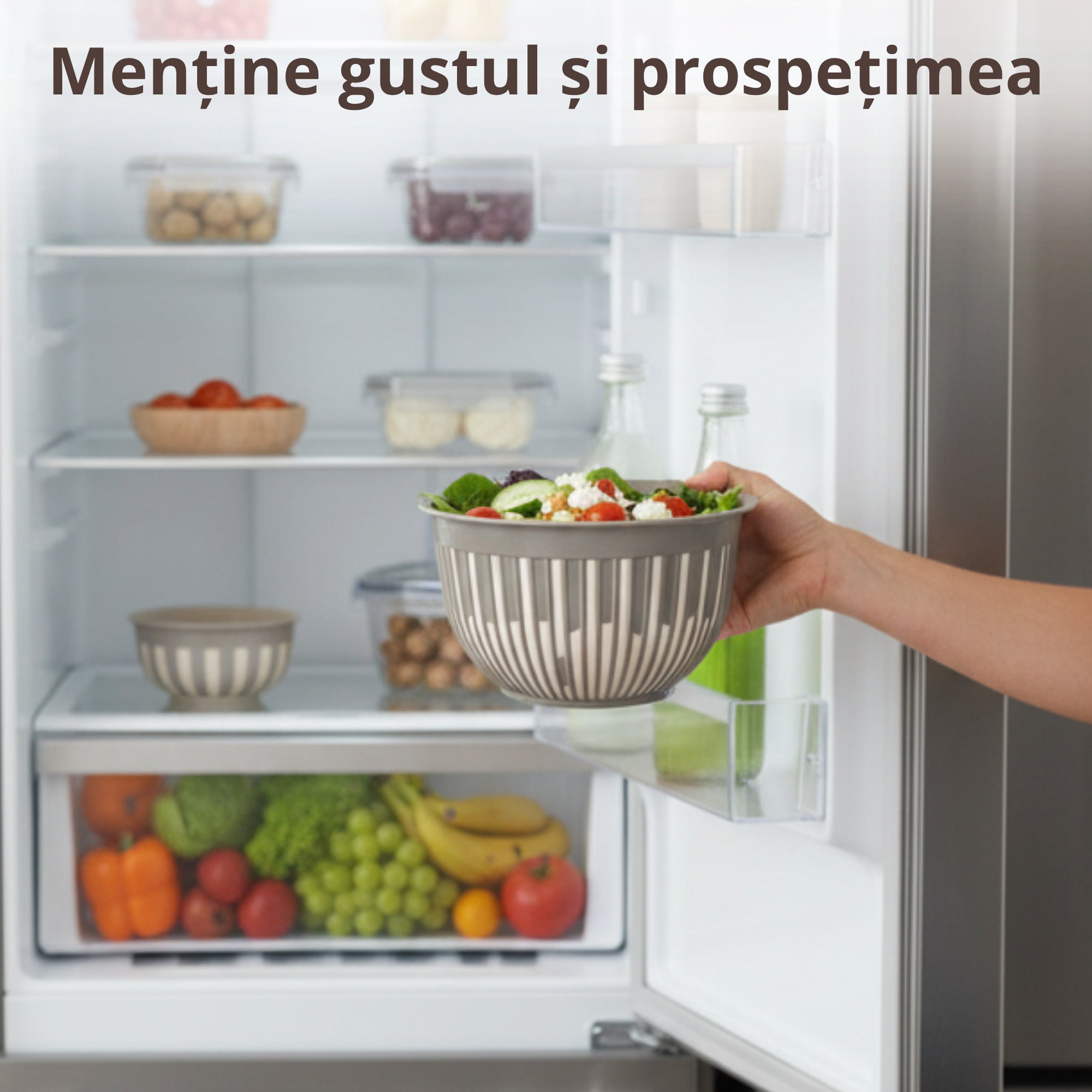 Persoana aseaza un recipient alimentar Koken din plastic gri, plin cu legume proaspete, pe un raft din frigider pentru pastrarea prospetimii.