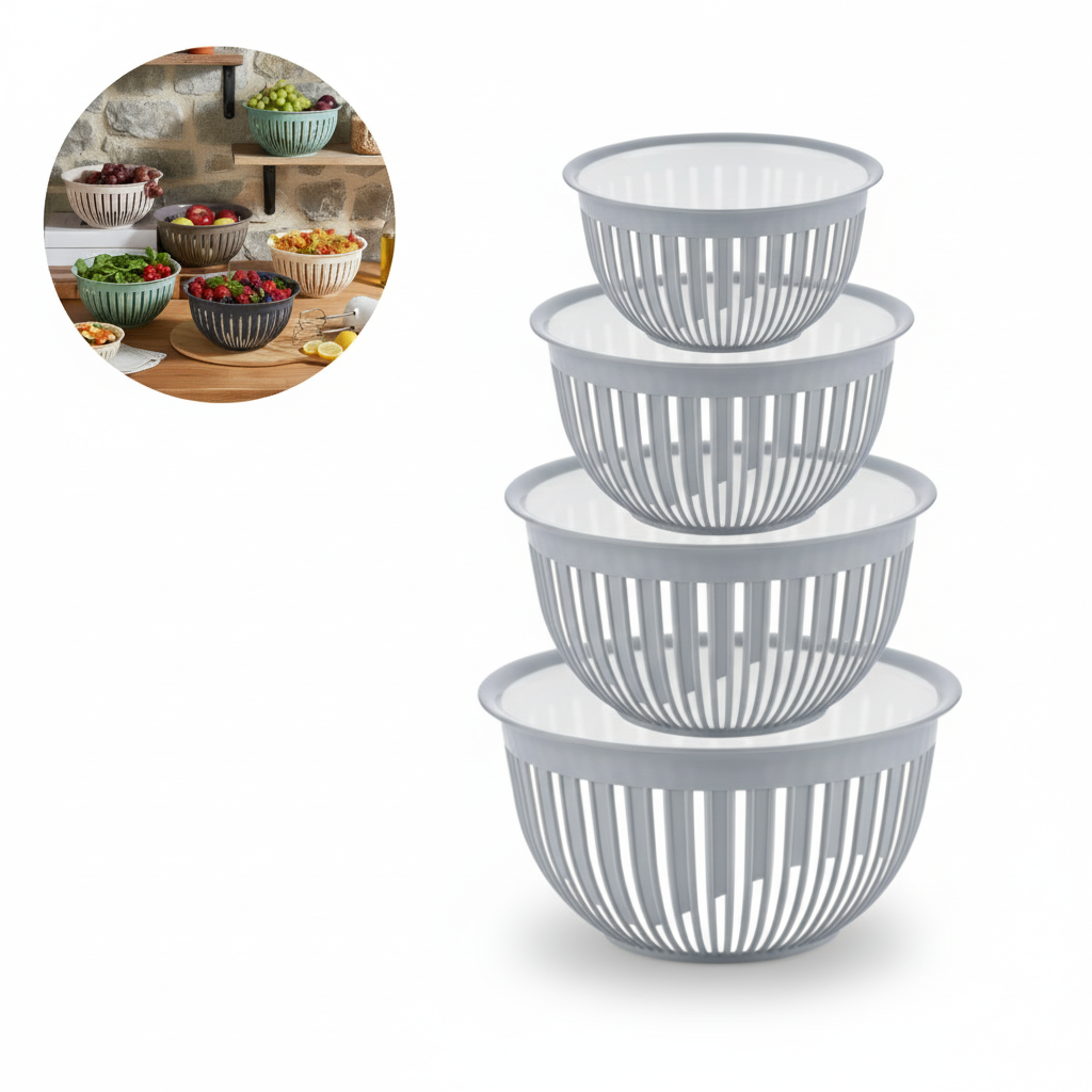 Set de 4 recipiente alimentare Koken din plastic argintii, asezate unul peste altul, prezentate pe fundal alb, cu o imagine mica insetata ce arata utilizarea lor in bucatarie pentru fructe si legume.