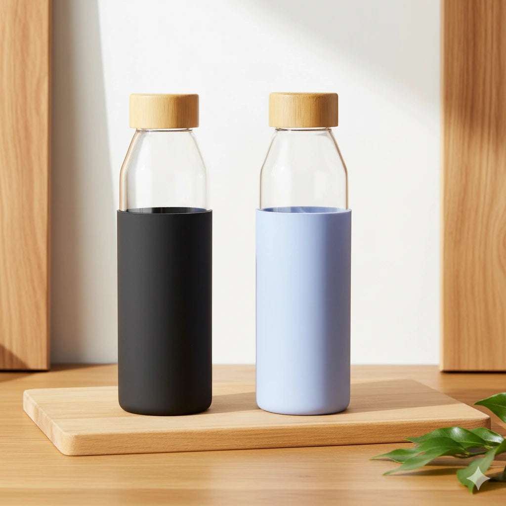 Doua sticle borosilicate stau pe un platou, inchise, una cu husa din silicon neagra, alta sticla cu husa din silicon albastra. Reflecta esteticul si designul minimalist.