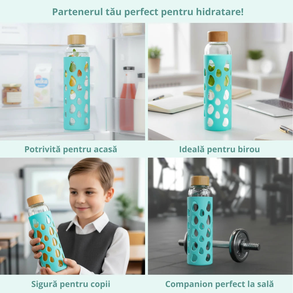 Sticla in 4 scenarii diferite de folosire. Potrivita pentru casa si sticla se afla in frigider. Ideala pentru birou si sticla se afla pe o masa de birou. Sigura pentru copii si sticla se afla in mainile unui copil intr-o clasa de scoala. Companion perfect pentru sala si sticla sta jos langa o haltera.