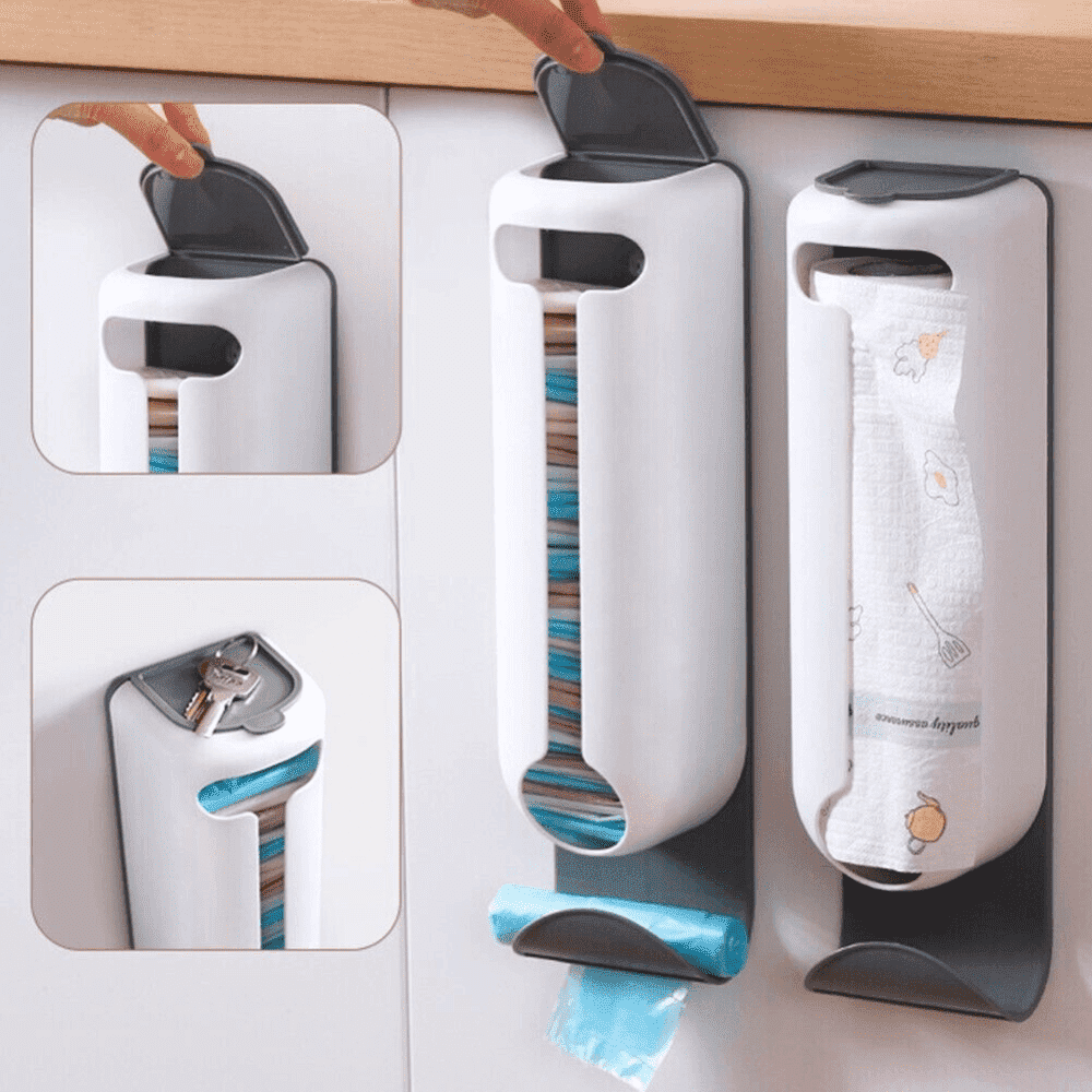 Suport pentru Pungi Koken.ro, Organizator din plastic cu capac, Spatiu suplimentar pentru saci de gunoi, 37 x 10 x 8,4 cm, Alb - köken