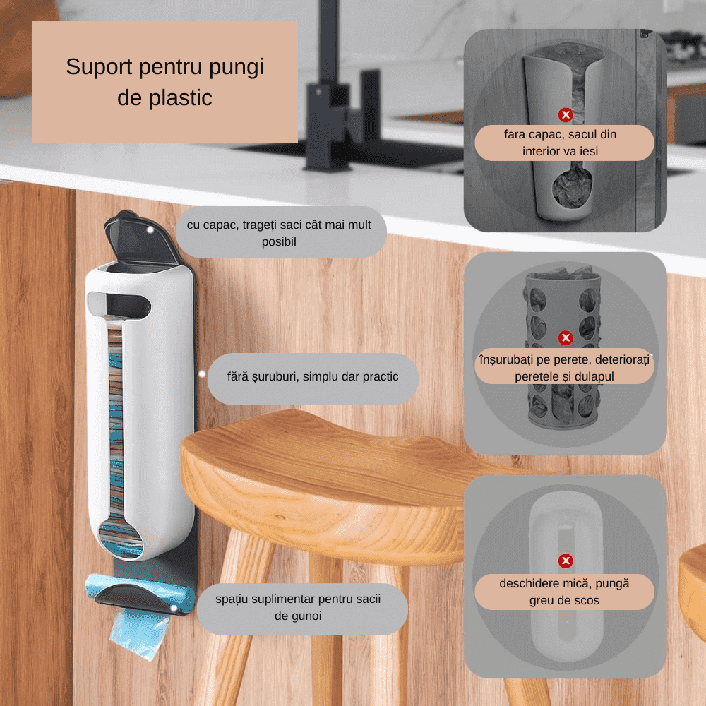 Suport pentru Pungi Koken.ro, Organizator din plastic cu capac, Spatiu suplimentar pentru saci de gunoi, 37 x 10 x 8,4 cm, Alb - köken