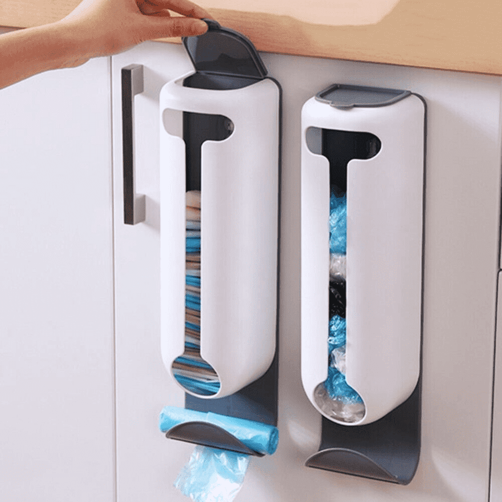 Suport pentru Pungi Koken.ro, Organizator din plastic cu capac, Spatiu suplimentar pentru saci de gunoi, 37 x 10 x 8,4 cm, Alb - köken