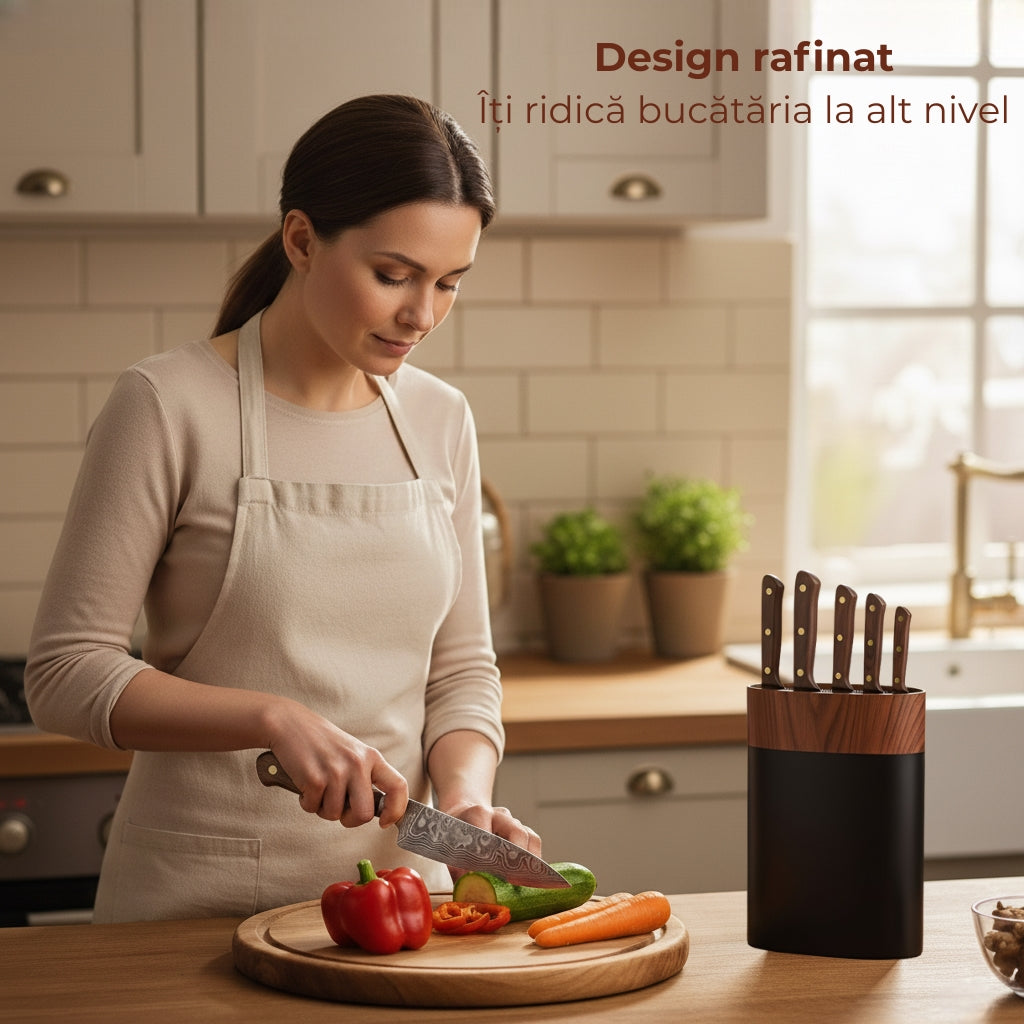 Suport universal pentru cutite cu fire din nylon pozitionat pe un blat din lemn in bucatarie. Alaturi sta o domnisoara ce taie pe un tocator din lemn niste legume. Design rafinat, iti ridica bucataria la alt nivel.