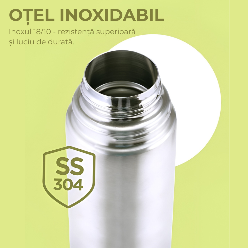 Termos Koken capacitate de 1L, din otel inoxidabil. Inoxul SS 304 alimentar de tip 18/10 ofera o rezistenta superioara si luciu de durata.