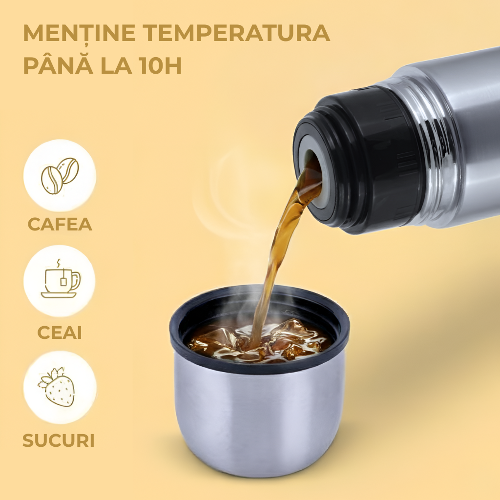 Termos din inox Koken, mentine temperatura pana la 10 ore. E perfect pentru cafea, ceai si sucuri.