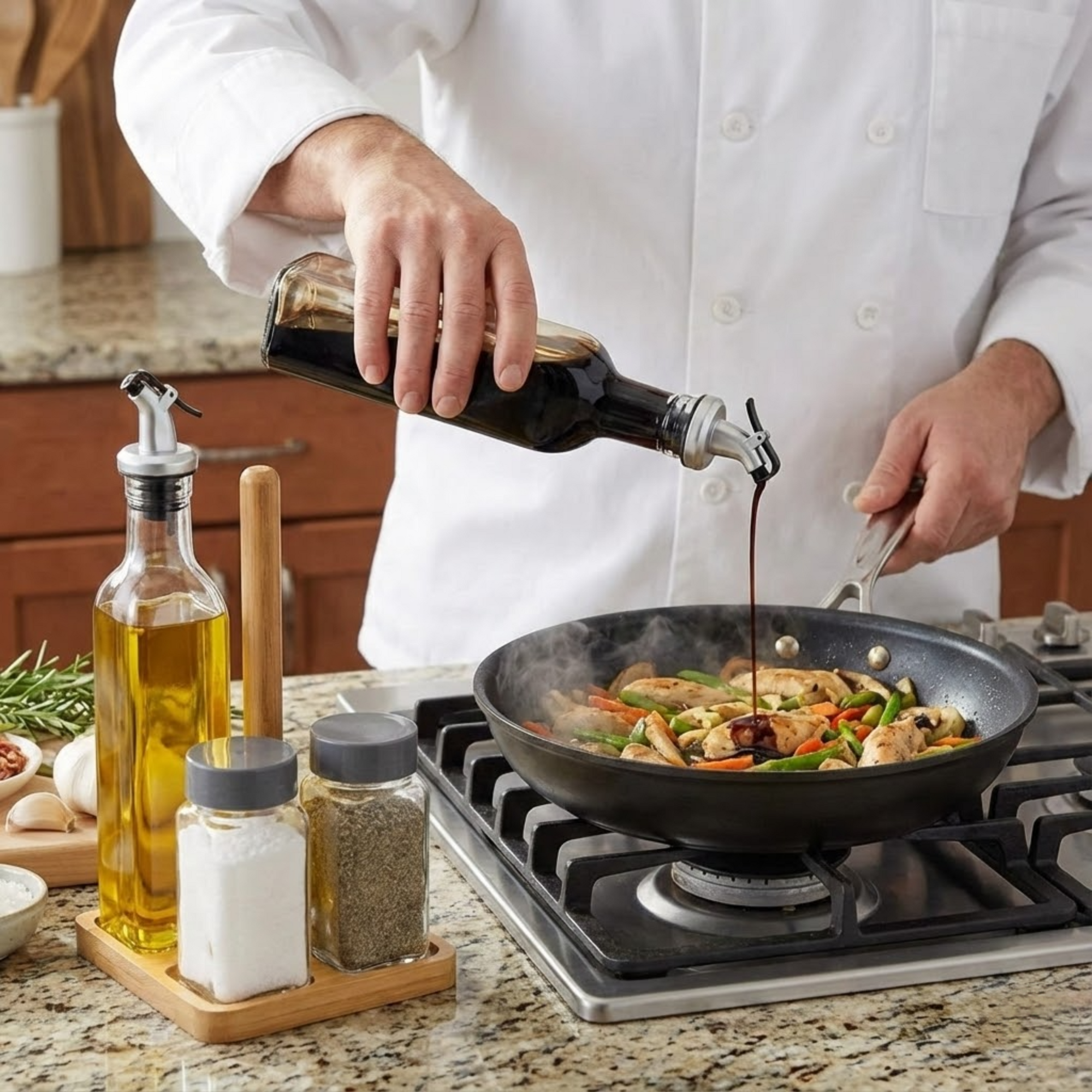 Set 2 Oliviere si 2 Recipiente sticla pentru Condimente Koken, Suport Bambus, capac plastic anti-picurare, Ulei, Otet Balsamic sau alte Lichide,