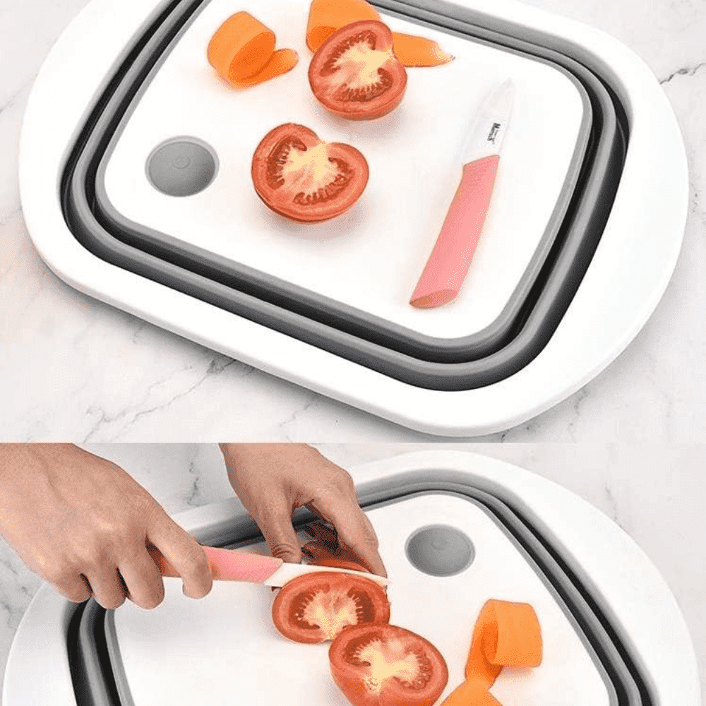 Tocator Multifunctional 3in1 Koken.ro,Cos depozitare Fructe si Legume, Vas Pliabil pentru spalare, Capacitate 5L, Zona de Scurgere, Picioare Anti-Aderente, Gri/Alb - köken