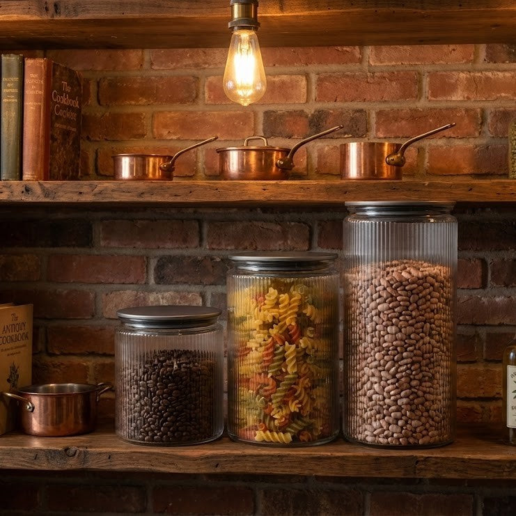 Set 12/15/18 Borcane din sticlă borosilicată Koken, Recipiente cu capac din plastic BPA Free si otel inoxidabil ermetic, pentru depozitarea alimentelor uscate și cereale