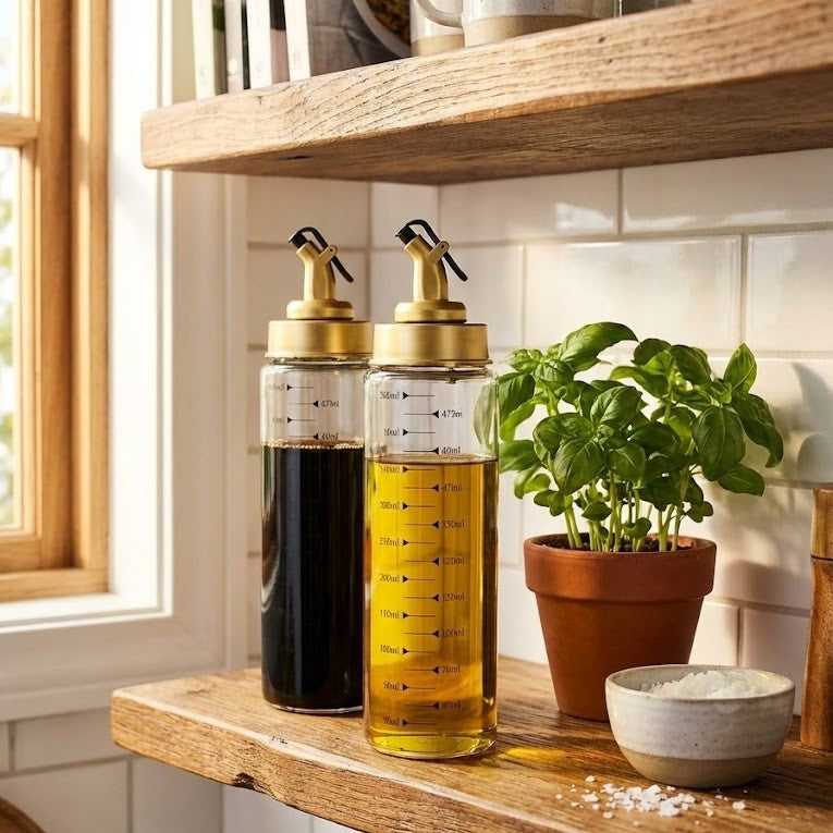 Oliviera multifunctionala Koken, capac plastic anti-picurare, 500 ml cu gradatie, Sticlă de ulei, Ulei, Otet Balsamic sau alte Lichide, Transparent/Auriu