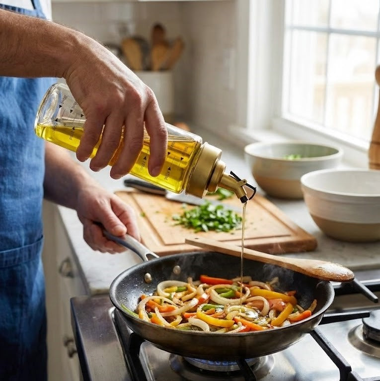 Oliviera multifunctionala Koken, capac plastic anti-picurare, 500 ml cu gradatie, Sticlă de ulei, Ulei, Otet Balsamic sau alte Lichide, Transparent/Auriu