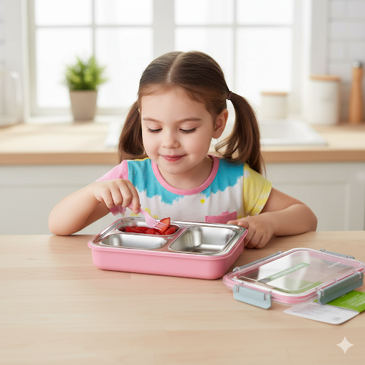 Cutie pentru pranz Koken, Lunch box Otel inoxidabil, Caserola copii scoala cu 3 Compartimente, 27,5 x 20,6 cm, Roz