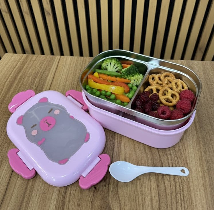 Cutie pentru pranz Koken, Lunch Inox, Caserola copii scoala cu 2 Compartimente, 22 x 15,5 x 7,5 cm, Lingura inclusa, Caserola pentru mancare, Roz/Bej