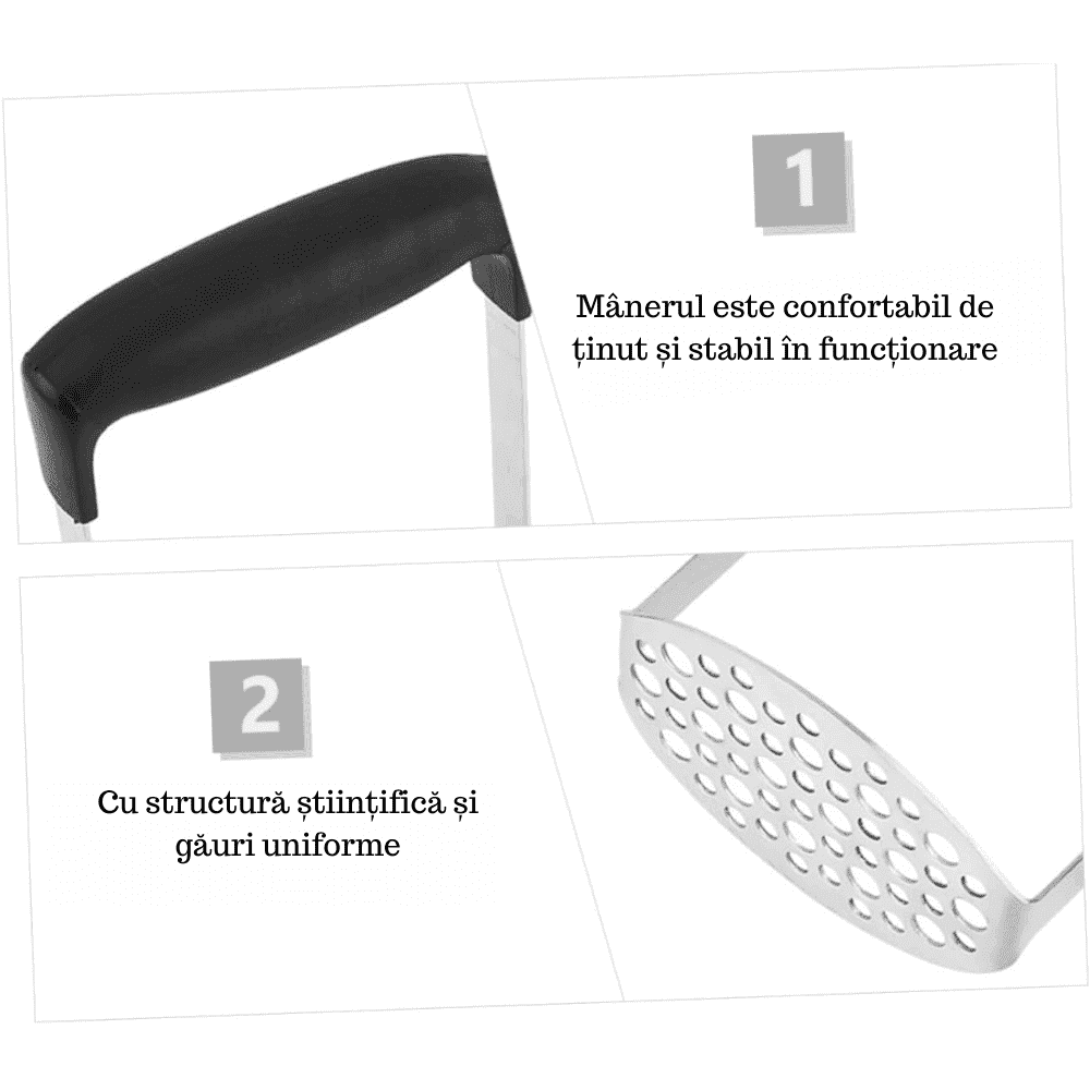Zdrobitor de cartofi Koken.ro, Oțel inoxidabil/Plastic ABS, cu maner ergonomic anti-alunecare, 16,8x11,2x7,2cm, Negru/Argintiu - köken