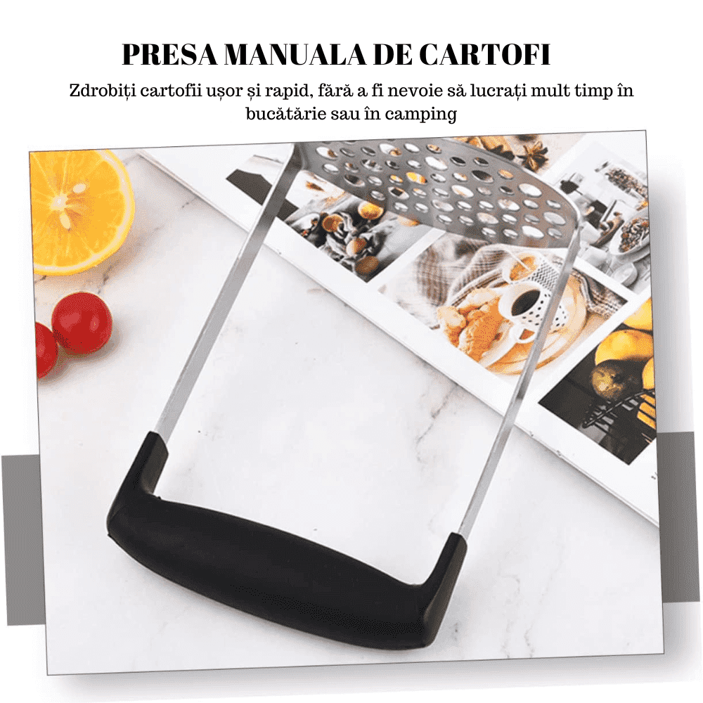 Zdrobitor de cartofi Koken.ro, Oțel inoxidabil/Plastic ABS, cu maner ergonomic anti-alunecare, 16,8x11,2x7,2cm, Negru/Argintiu - köken